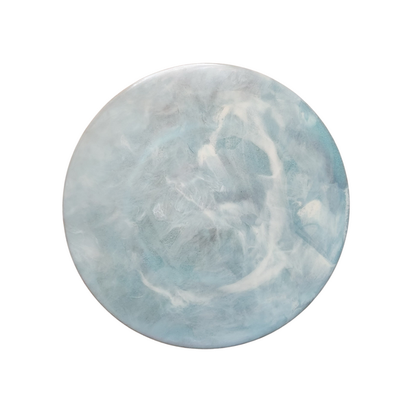A 12 inch round ceramic lazy Susan with a marbled blue and white pattern.