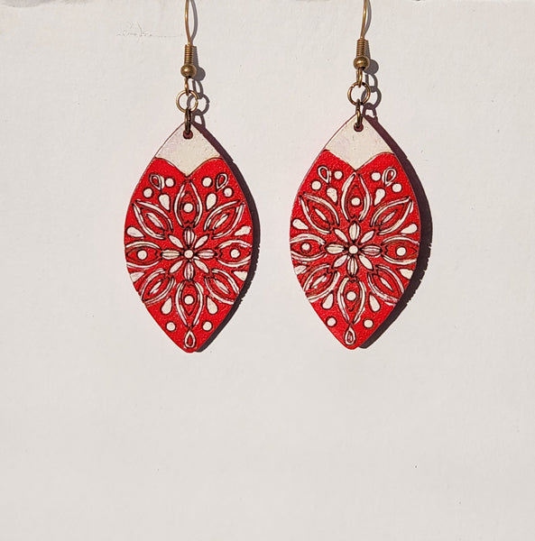Bandana dangle earrings laser cut from birchwood and hand-painted red and white with brass hooks