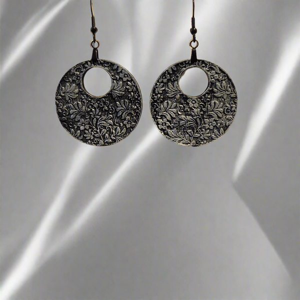 Black and white floral round wood earrings with brass hooks