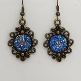 Brass flower earrings with 12mm druzy cabochon center on brass hooks