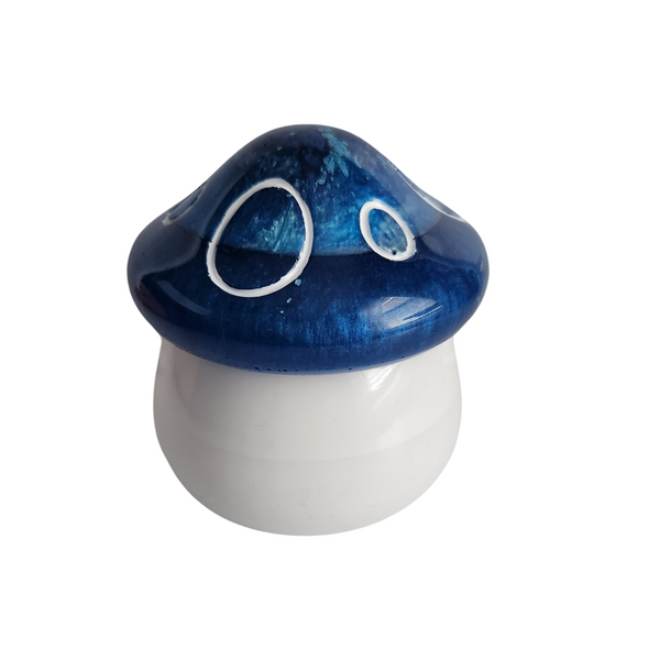 Handcrafted resin mushroom jar with mushroom-shaped lid by Blue Bourbon Designs