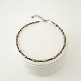 Handmade brown and iridescent green glass bead ankle bracelet by Blue Bourbon Designs