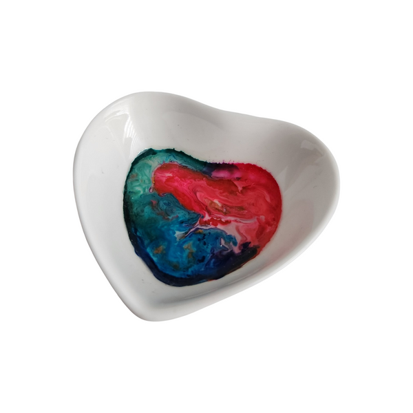 One-of-a-kind ceramic heart trinket bowl with resin design by Blue Bourbon Designs