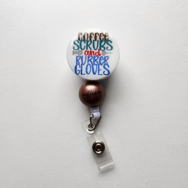 Coffee Scrubs and Rubber Gloves resin ID holder, each one-of-a-kind