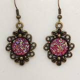 Brass flower earrings with 12mm druzy cabochon center on brass hooks