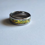 Dichroic resin ring with yellow, orange, and green color-shifting effect