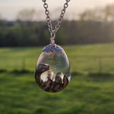 Resin dinosaur encased in clear egg pendant on stainless steel chain