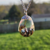 Resin dinosaur encased in clear egg pendant on stainless steel chain