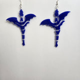 Segmented dragon earrings hanging head-down, made from blue acrylic