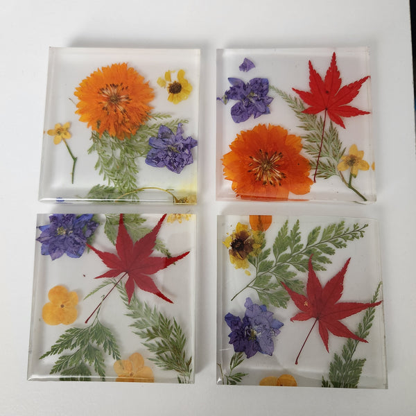 floral resin coasters set of four, handmade by Blue Bourbon Designs
