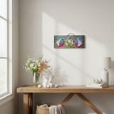 Decorative wall art with three colorful egg designs on a wooden board.