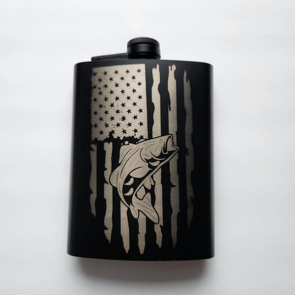 Laser-etched metal flask with fish design