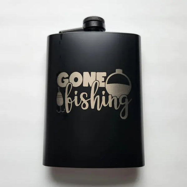 Laser-etched metal flask with fishing design