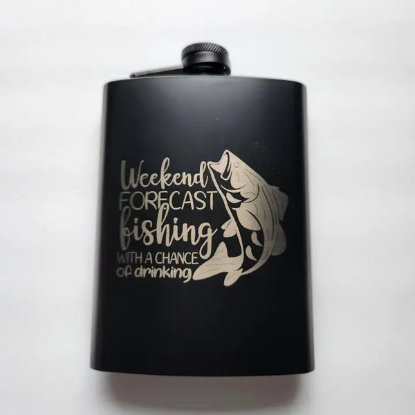 Laser-etched metal flask with fishing design
