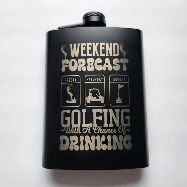 Laser-etched metal flask with golf design