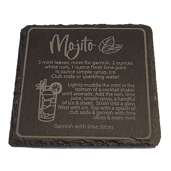 A square slate coaster with the word 'Mojito' engraved at the top, and a list of ingredients and instructions for making a Mojito cocktail below.