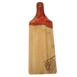 One-of-a-kind bamboo serving board with resin handle and hand-drawn acorn and leaf