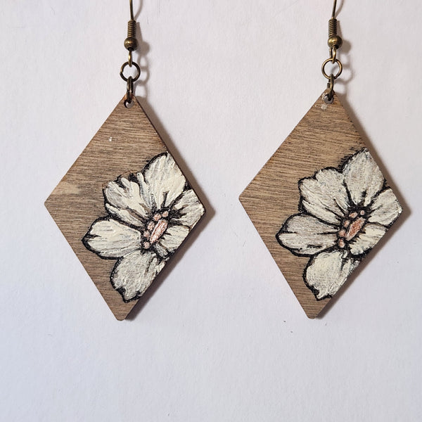 Floral diamond-shaped laser cut wood earrings with brass hooks