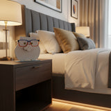 Cute cat glasses stand made from laser-cut wood, handmade and painted showing how glasses look 