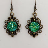 Brass flower earrings with 12mm druzy cabochon center on brass hooks