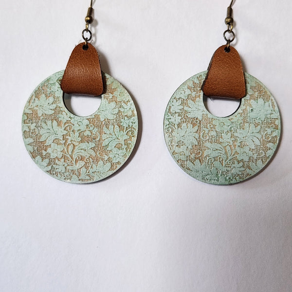Green dry brushed floral wood earrings with leather tab and brass hooks