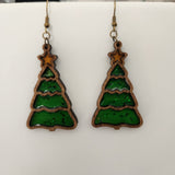 Handmade green resin Christmas earrings with glitter accents