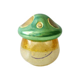 Handcrafted green and yellow resin mushroom jar with mushroom-shaped lid by Blue Bourbon Designs