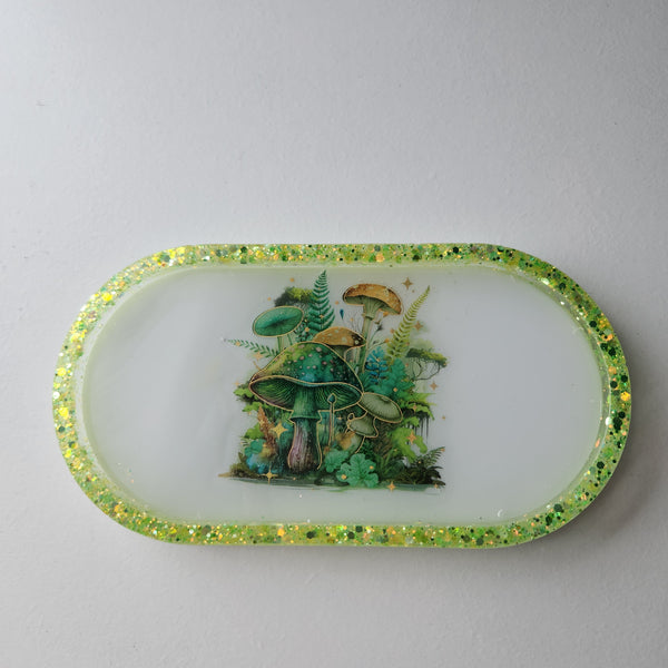Handmade green mushroom oval resin trinket tray by Blue Bourbon Designs