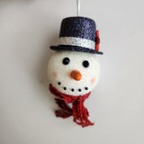 Handcrafted snowman ornament with snowy texture and glitter hat by Blue Bourbon Designs