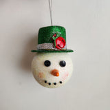 Handcrafted snowman ornament with snowy texture and glitter hat by Blue Bourbon Designs
