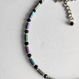 Adjustable 8.5 to 11 inch anklet with purple, green, and blue glass beads