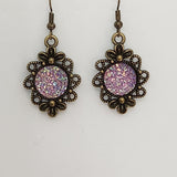 Brass flower earrings with 12mm druzy cabochon center on brass hooks