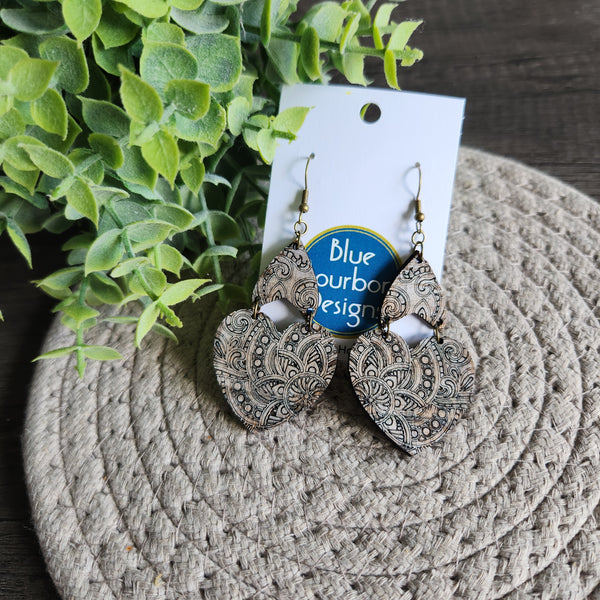 Laser cut wood heart earrings with mandala engraved pattern and brass hooks