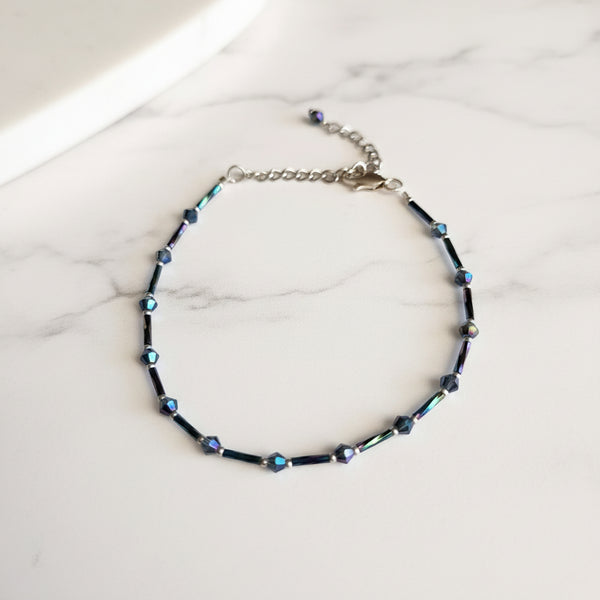 Handmade multicolored iridescent glass bead ankle bracelet by Blue Bourbon Designs