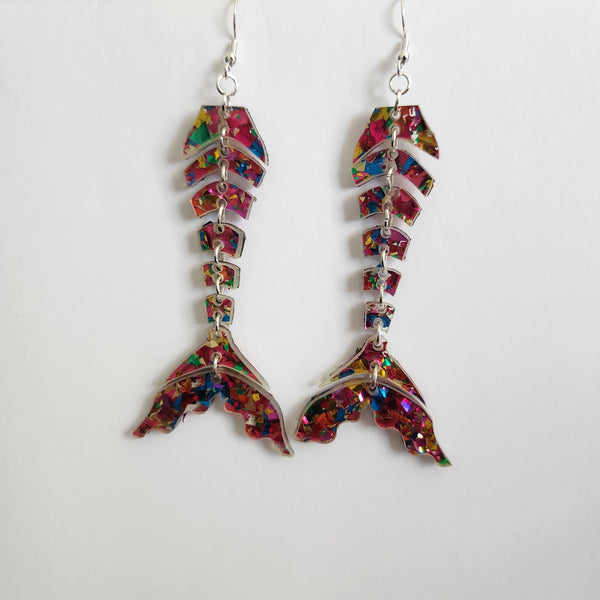 Segmented mermaid tail acrylic dangle earrings with articulated movement