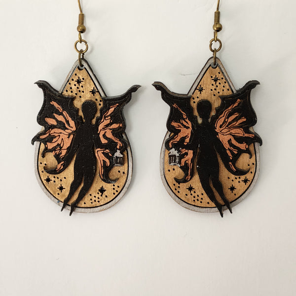 Night fairy hand-painted wooden teardrop earrings with brass hooks