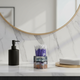 Unique resin bathroom organizer on vanity with cotton swabs inside