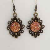 Brass flower earrings with 12mm druzy cabochon center on brass hooks
