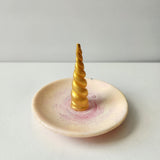 Handmade pink and gold resin unicorn horn jewelry dish by Blue Bourbon Designs