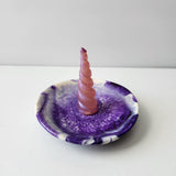 Handmade pink and purple resin unicorn horn jewelry dish by Blue Bourbon Designs