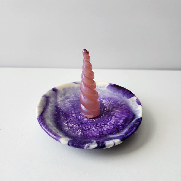 Handmade pink and purple resin unicorn horn jewelry dish by Blue Bourbon Designs