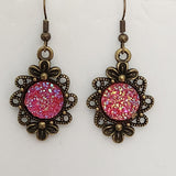 Brass flower earrings with 12mm druzy cabochon center on brass hooks