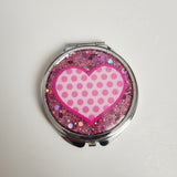 Handmade pink glitter heart resin compact mirror by Blue Bourbon Designs
