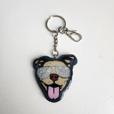 Hand-painted resin pittie keychain with ‘Show Me Your Pitties’ sunglasses