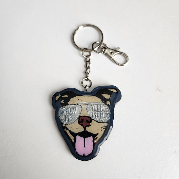 Hand-painted resin pittie keychain with ‘Show Me Your Pitties’ sunglasses