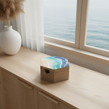 Unique resin art hexagon box handmade by Blue Bourbon Designs shown how it can be displayed