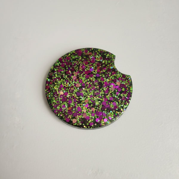 2.5 inch purple & green glitter resin coaster for vehicle cup holder.