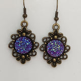 Brass flower earrings with 12mm druzy cabochon center on brass hooks