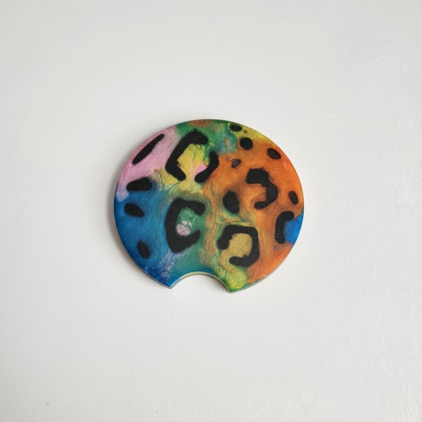 2.5 inch rainbow cheetah print resin coaster for vehicle cup holder