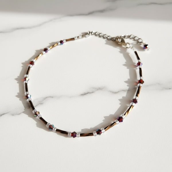 Handmade red and bronze glass bead ankle bracelet by Blue Bourbon Designs